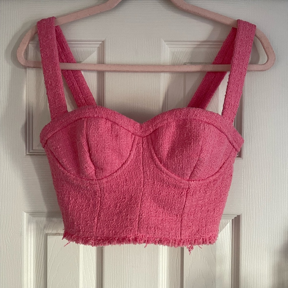 Zara Barbie Pink Tweed Textured Bustier Crop Top